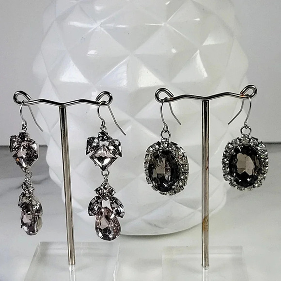 Gray Rhinestone Pierced Earrings 2 Pair Icy Sparkle French Wire Party Co… - Picture 1 of 8